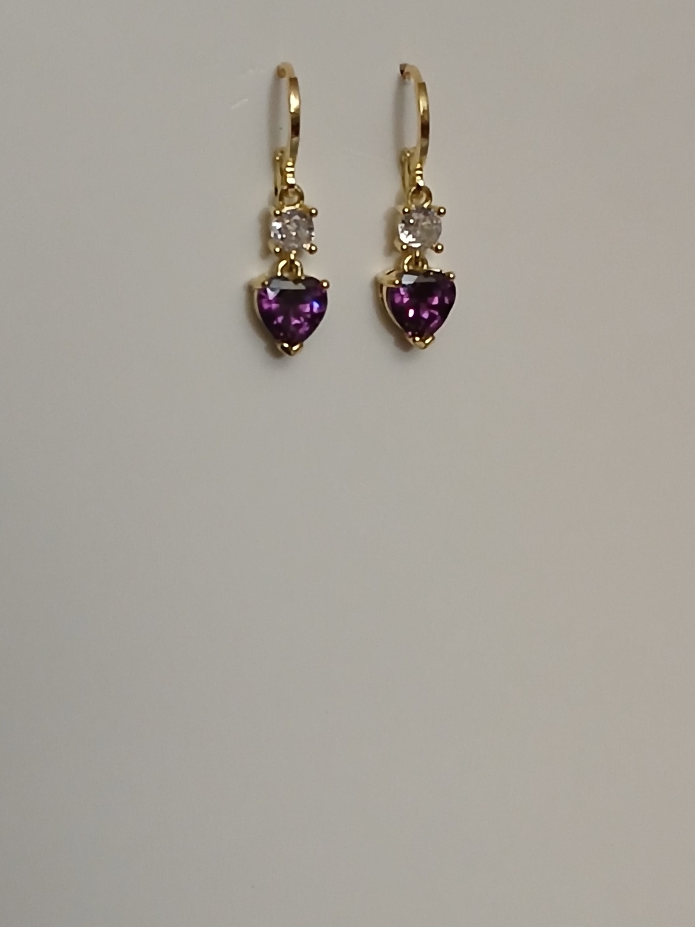 Gold Heart Drop Earrings with Purple Gem and Clear Accent
